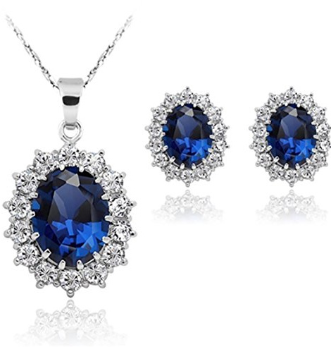 Damen-Schmuck-Set mit Halskette und Ohrringen, Prinzessinnen-Motiv, blauer Saphir, Diana, Kate, Middleton