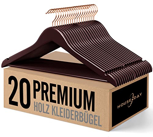 HOUSE DAY Kleiderbügel Holz, Holz Bügel,Holzkleiderbügel,Kleiderbügel braun | 20er Holz Kleiderbügel, für Anzüge, 360° drehbarer Haken in Roségold, rutschfest, Einkerbungen im Schulterbereich