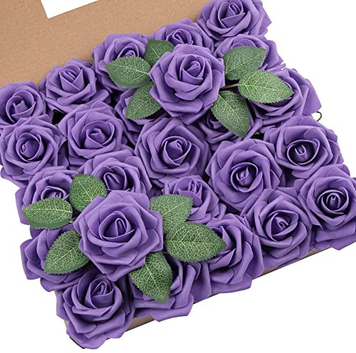 DuHouse 25Pcs Artificial Roses Flowers Fake Rose with Stems Real Touch Foam Flower Head for DIY Wedding Bridal Bouquet Baby Shower Centerpiece Floral Arrangement Party Home Decor(Purple)
