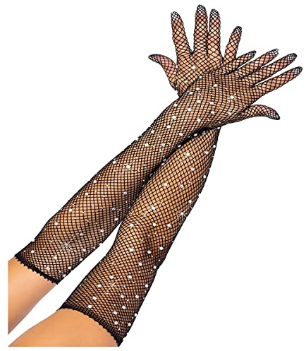 Mrotrida Guantes largos de red para mujer 80s Rhinestone Mesh Guantes de ópera sin dedos, Negro (Black-1), Talla única