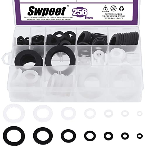 Swpeet 256Pcs 7 Tailles Rondelles Plates en Caoutchouc et en Silicone O-ring Rondelles de Plomberie Kit d'assortiment, Joint de Tuyau d'étanchéité Pour Tête de Douche Eau de Robinet de Jardin