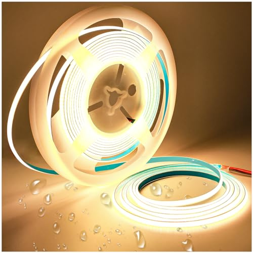 Tesfish LED Remsa Ljus 12V, 5mm Brett Ultratunt Strip COB Varmt vitt 3000K 5 Meter 384 LEDs/M Totalt 1920 LEDs Neonljus Flexibel Ljuslist för Fest, Disk, Hylla, Hemdekoration