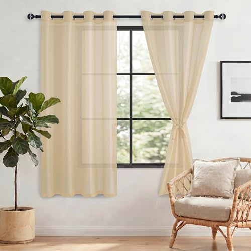 DWCN Gardinen mit Ösen Sheer Voile Vorhänge Kurz Ösenvorhang 2er Set, Beige | 137x140cm(HxB), Leicht Vorhang mit Vorhang-Krawatten Tül Perde Schienensystem Vorhänge für Wohnzimmer, Schlafzimmer, Balkon
