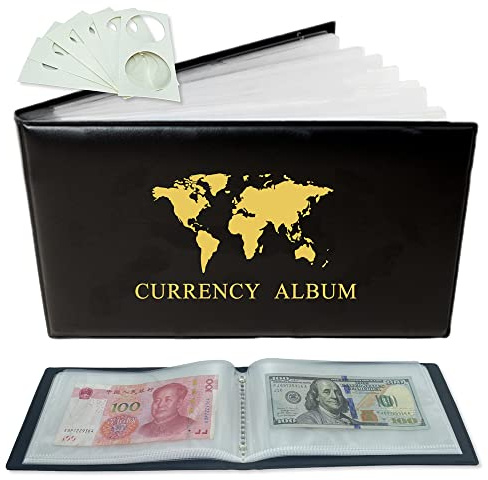 Paper Money World Currency Collection Album Book Binder,40 Pockets Dollar Holders Sleeves for Protector/Collector (Large Currency Album Binder)
