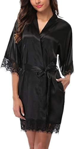 Peignoir court en satin pour femme - Robe kimono sexy - Col en V - Vêtement de nuit avec ceinture - Chemise de nuit pour mariée et demoiselle d'honneur, Noir , L