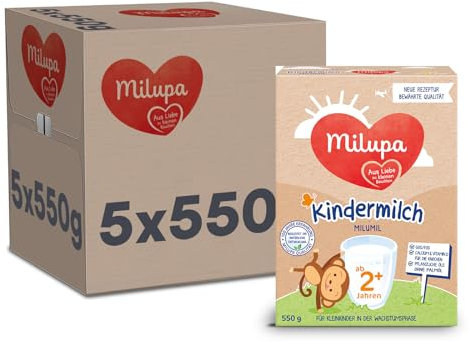Milupa Milumil Kindermilch 2 + – Ab 2 Jahren – Für Kleinkinder in der Wachstumsphase – Begleitet die natürliche Entwicklung – 5 x 550 g Pulver