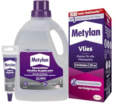 Metylan Vlies, Tapetenkleister für Vliestapeten (1x180g) & Metylan Naht- und Reparaturkleber (1x60g) & Metylan Tapetenablöser Aktiv-Konzentrat, löst problemlos (1x 1l)