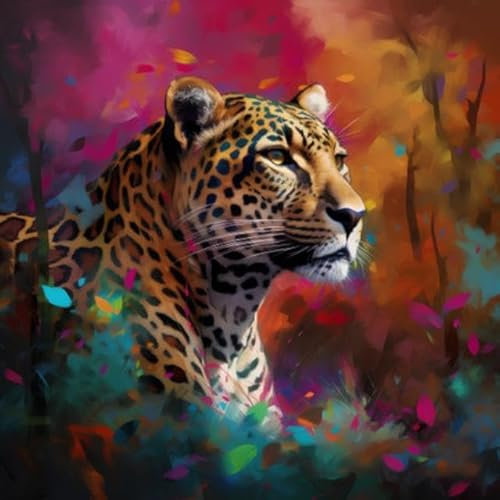 adrium Acryl-Bild 60 x 60 cm: Leopard im Wald. Bunter Hintergrund. Digitale Zeichnung. (205220815)