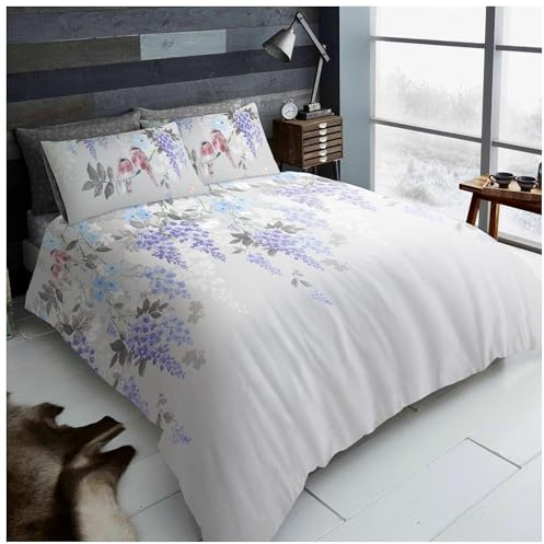 Lions Floral Bedding Set - 4 Piece Double Bed Size Duvet Cover with Pillowcase Fitted Sheet, Soft Poly Cotton Reversible Quilt Covers, Grey Silver