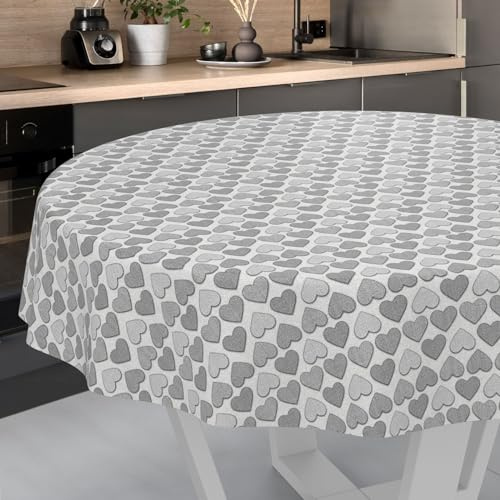 Wachstuch-Tischdecke Tischdecke abwaschbar Wachstuch Garten-Tischdecke Outdoor Indoor Rund 120cm Schnittkante Herz Grau