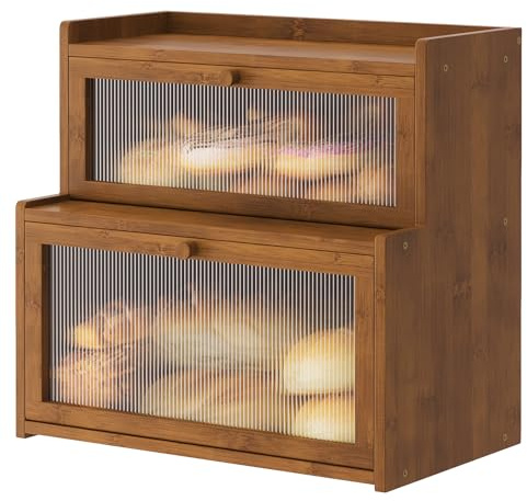 Furshus Double Layer Bamboo Bread Box for Kitchen Counter,Bread Holder,Countertop Bread Storage with Window (Brown)
