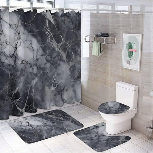 4-teiliges Luxus-Duschvorhang-Set Aus Marmor Mit Rutschfesten Teppichen, WC-Deckelbezug Und Badematte, Schwarz Gold Badezimmer Dekor Set Mit Duschvorhang Und Teppichen Und Zubehör (183 * 183cm,Bunt5)