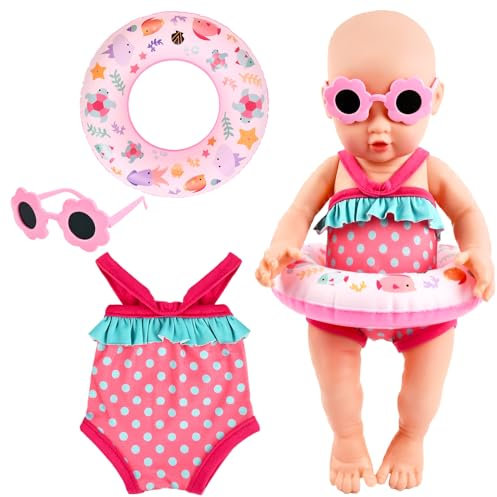 Schwimm-Set für Puppen, Puppenkleidung Sommer Puppenzubehör Kleidung Outfits für Baby Puppen Schwimmset für Puppen mit Badeanzug Schwimmring Sonnenbrille für 35-45 cm New Born Baby Puppen