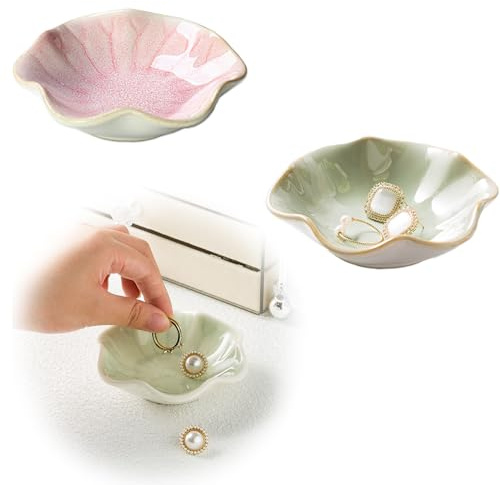 2 pezzi Piccolo Piatto per Anelli in Ceramica Ciotola per Gioielli a Forma di Foglia di Loto Piatto per Gioielli in Ceramica per Gioielli Piatto Vassoio per Comodino Decorazione per Tavolo(Rosa e Blu)