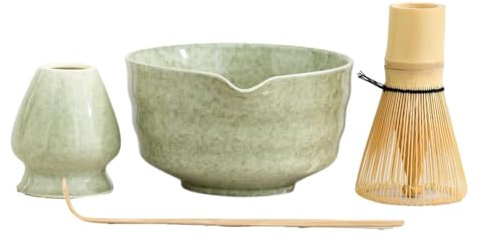 Poggapp Ensemble de 4 pièces à matcha japonais en céramique et bambou vert avec bol, fouet, pelle et support