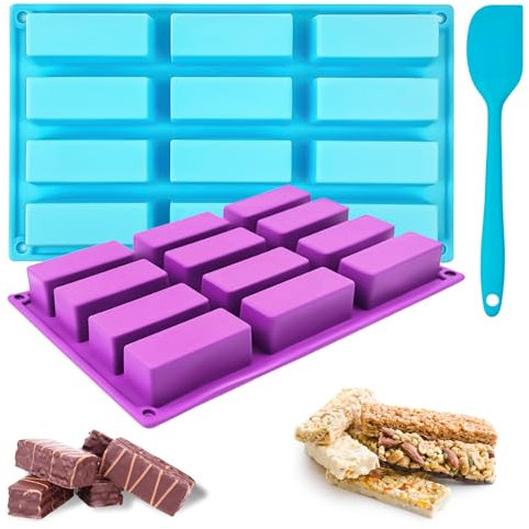 TAIXING 2Pcs Chocolate Bar Moulds, 12 Cavity Large Rectangle Silicone Chocolate Mould with Silicone Spatula, Chocolate Moulds for Butter Brownie Cheesecake Pudding Cereal Bars