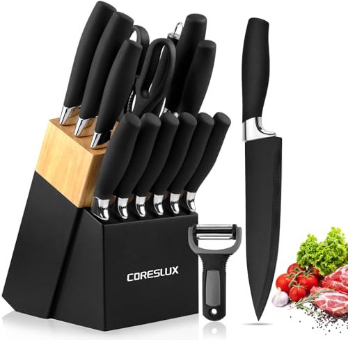 CORESLUX Messerblock mit Messer Set, 15-teiliges Messerset mit Holzblock, Edelstahl küchenmesser Set mit Kochmesser, Antihaftbeschichtung, Ergonomischen-Griff, Brotmesser, Wetzstab Und Schere, Schwarz
