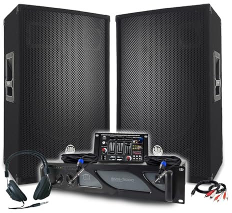 Bmsonic Sono DJ BM Verstärker, 3000 W, Paar passive Lautsprecher, 2 x 700 W, Mischpult, DJ-Kopfhörer, Kabel und Mikrofon