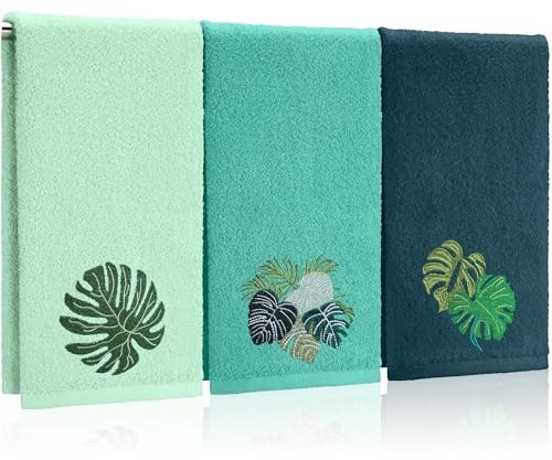 Hahafelt Handtücher mit tropischen Palmenblättern, 100 % Baumwolle, bestickt, 35 x 75 cm, Strandhandtücher, saugfähig, weiches Baumwollhandtuch, Grün, Monstera-Blätter, 3 Stück