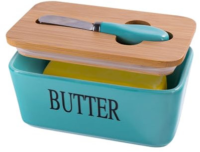 Blue Ceramic Butter Dish with Lid and Knife for Countertop, Covered Butter Stick Holder Tray, Butter Storage Container for Fridge