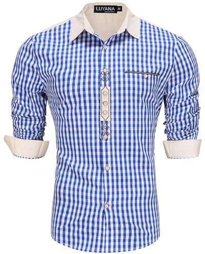 LUYANA Oktoberfest Camisa para hombre, camisa tradicional a cuadros, manga larga, camisa de traje regional, bordado, azul, L
