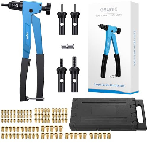 eSynic Kit 10 Rivettatrice Professionale con 100pz Dadi M3 M4 M5 M6, Pistola Manuale a Rivetti Mandrini con Valigetta, Pinza per Inserti Filettati per Auto Rimorchi Mobili Riparazione - Blu