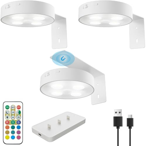 Electight Lampe Tableau Sans Fil Rechargeable, Lot de 3 Appliques LED avec Télécommande, Éclairage Tableau 12 Couleurs, Spot à Piles USB pour Peintures, Cadres, Décorations Murales et Vitrines
