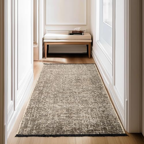 SIMPEX, Baumwolle Teppich Läufer Beige 80x150 cm - Waschbar, Boho-Stil, Vintage Kelim, Kurzflor, rutschfest & Weich, Einfarbig Meliert, Für Küche, Schlafzimmer & Flur