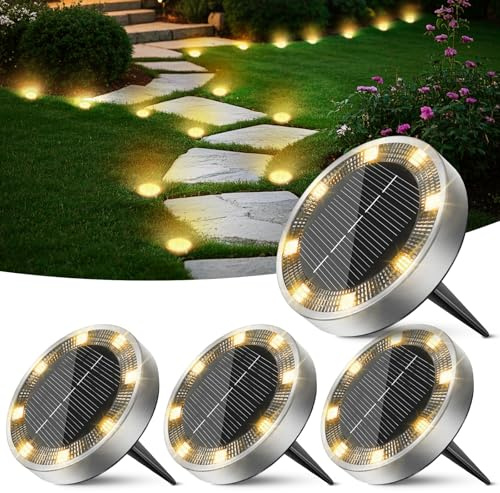 Peasur Lumiere Solaire Au Sol Lot de 4, Lampe Solaire Exterieur Jardin 8 LED, Étanche Spot Solaire Extérieur pour Chemins Allée Pelouse Terrasse Cour Piscine[Blanc Chaud]