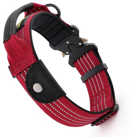 Plutus Pet Taktisches Hundehalsband mit Tracker-Paket für AirTag, verstellbares reflektierendes Nylonhalsband, Metallschnalle, mit Leder umwickelter Griff, weich gepolstert für mittelgroße große Hunde