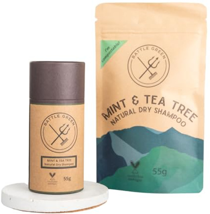 Battle Green Natural Dry Shampoo Powder Refill Pouch 55g (Mint & Tea Tree) | Aerosol-Free, Vegan & Talc-Free, Eco-Friendly Zero Waste, Volumizing & Refreshing, For Greasy Hair