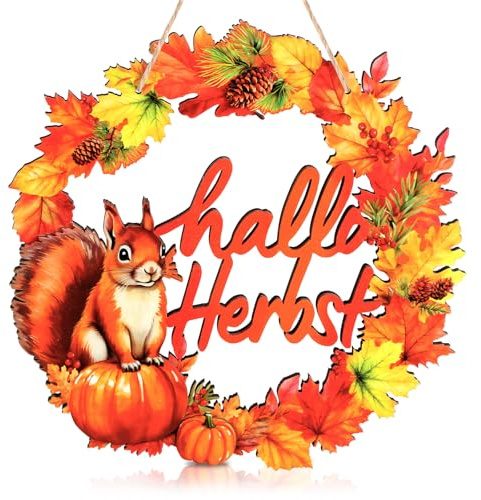 BOFUNX Herbst Deko Türkranz aus Holz Dekokranz zum Aufhängen Haustür Fenster Wand Kranz mit Ahornblätter Kürbis Tannenzapfen für Herbst Thanksgiving Herbstdekoration