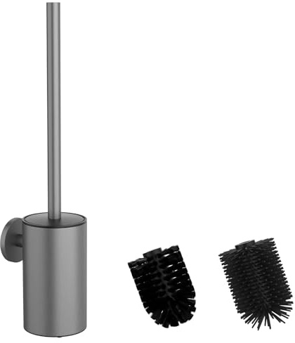 Mozmmhi Escobilla de inodoro de acero inoxidable 304, juego de escobillas para inodoro con montaje en pared y soporte para escobillas, incluye 2 cabezales (gris redondo)