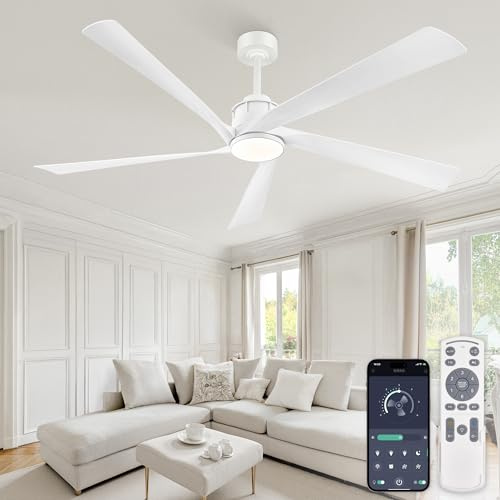 ZMISHIBO Deckenventilator 162 cm mit LED Licht dimmbar, leiser DC Motor, 5 ABS Flügel, reversibel, moderner weißer Ventilator, mit Fernbedienung & APP, für Innen- und Außenbereich