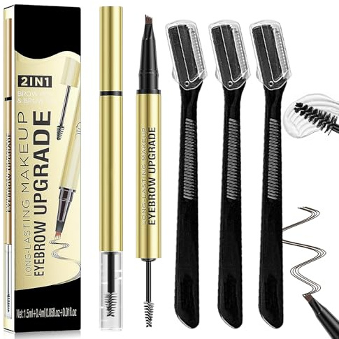 Culinavog Lápiz de Cejas 2 en 1 con Gel, Doble Extremo con Punta de 4, Pincel de cejas y Gel de cejas, Lncluye 3 Cuchillas de Afeitar para Uso Diario, Ieal para Viajes (Marrón Claro)