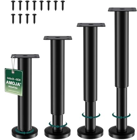 AMOJA 4 Stück Möbelfüße Verstellbar 25-43cm, Metall-Ersatzfüße für Möbel | Möbelbeine mit Gummi-Antirutsch-Pads, Tragkraft bis 450 kg, passend für Betten, Sofas, Schränke, Badezimmerschränke &Tisch