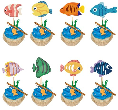 Arthsdite 24pcs Fish Cupcake Toppers Go Fishing Theme Decorations Baby Shower Boys Girls Happy Birthday Party Tropical Party Cake Picks Under The Sea Decoration Supplies