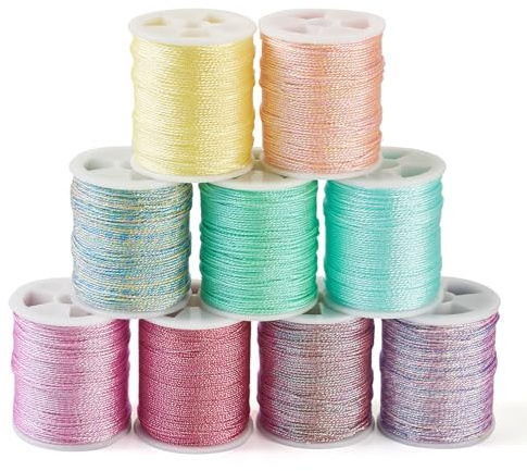 Craftdady 153 m polyester sytråd 0,6 mm regnbågsfärgad flätad sladd 9-lagers polyestersladd för smyckestillverkning armband hantverk, 9 rullar