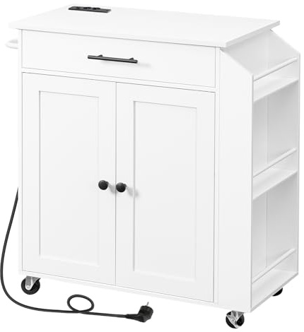 HOOBRO Küchenwagen mit Arbeitsplatte, Kücheninsel Küchenschrank mit Steckdosenleiste, bewegliche Kücheninsel mit Schublade und Gewürzregal, Küchenwagen auf Rollen, 80,8 x 38 x 86 cm, EWT82CZD01