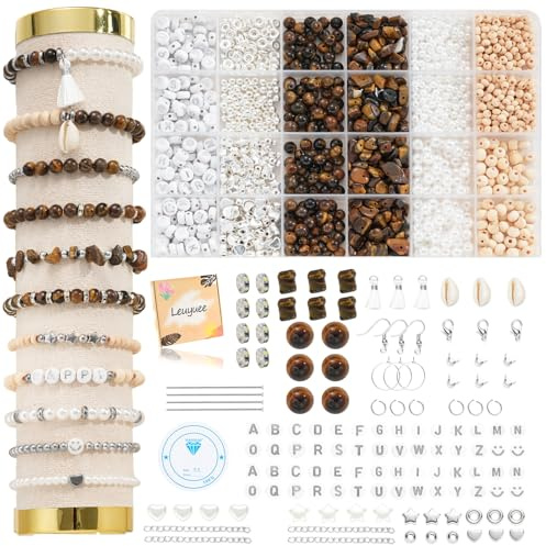 Leuyuee Silber Perlen für Armbänder Natürliche Amazonit Edelstein Perlen Set Zum Auffädeln Kit Perlenset Beads für DIY armbänder selber machen Schmuck Halskette Ohrringe Kette (CZ006-Tigerauge)