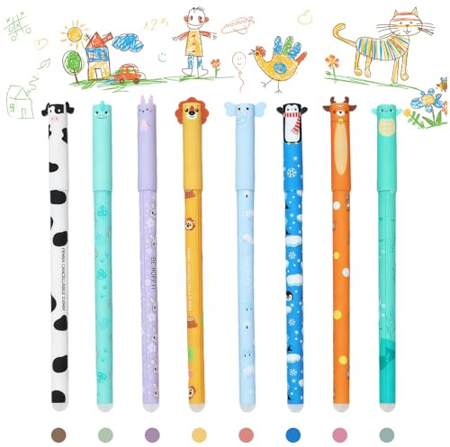8er Set radierbare Gelstifte mit thermoempfindlicher Radiertinte, Radierbar Tintenroller 0,5mm, Verschiedene Tintenfarben und Tiermotiven, für Schulsachen Bürobedarf, Ideal als Ostern und Einschulung