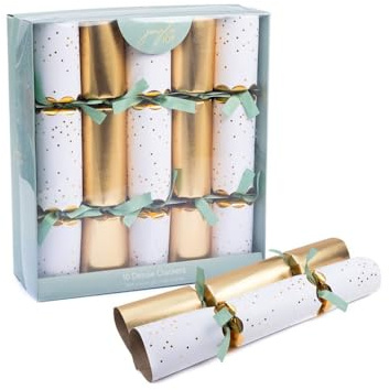 Gold Star Christmas Crackers – 14 Inch Deluxe Crackers Box of 10 – Luxury Gold & White Foil Design – Festive Table Decorations with Hats, Mottos and Surprise Gifts – Christmas Dinner Party Favour Set