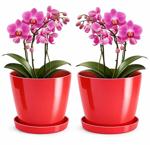 PECZEKO Blomkruka glänsande, planteringskruka av ytterkruka plast dekorativ kruka för, stora och små växter, set om 2 blomkrukor med underlägg, blomkruka örtkruka, röd, diameter 14 cm