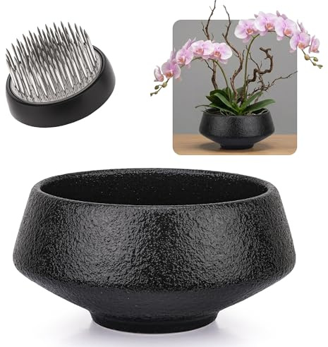 Meiwlong Ikebana Kit vase grenouille japonaise | Pot en céramique noire avec kit d'entraînement Kenzan de 4,9 cm, grenouille florale artisanale japonaise pour enseignement