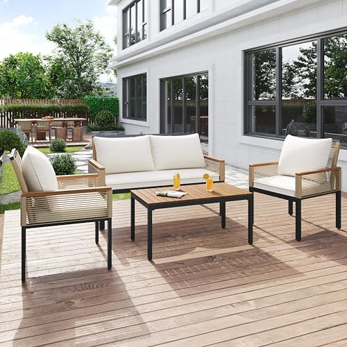 Httcg Rattan Gartenmöbel Set Lounge Möbel Outdoor für 4 Personen, Terrassenmöbel Balkonmöbel Set mit Gartensofa und 2 Sessel, Sitzgruppe Outdoor Sofa Set mit Tisch und Sitzkissen, Beige