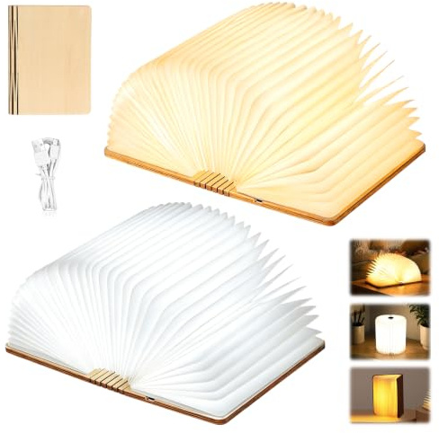 Keltorio Hölzerne Faltende Buchlampe, 2 Stück Faltbare Buchlampe, LED Buch Licht USB Aufladbare, Mini Nachttischlampe mit 2 Farben für Geschenk Freundin Kinder Eltern Home Decor, 12 * 9 * 2,3 cm