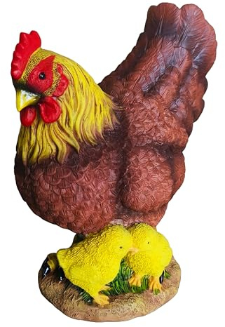 Relaxdays trädgårdsfigur – höna med kycklingar, vädertålig, realistisk, djurfigur i polyresin, 24 cm hög, färgglad