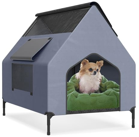XMTECH 2 in 1 Hundehütte mit Hundebett, Oxford Hundezelt 91x65x86cm 40kg | Atmungsaktives Mesh-Fenster und erhöhtes Bett, Oxford-Gewebe, pflegeleicht und ideal für Wohnung, Balkon und Camping