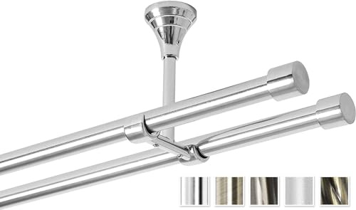 Rollmayer Gardinenstange Ø 16mm Crux 200cm Edelstahl Deckenbefestigung | Glänzend metall, Für Ösenvorhang, 2-läufig, Modern, Ohne Ringe