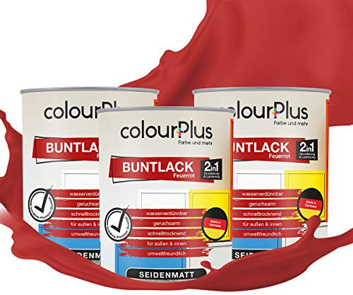 colourPlus 2in1 Buntlack Seidenmatt (2,25L Feuerrot/Rot RAL 3000) – Wetterfeste Holzfarbe Holzlack Küchenmöbellack. Getrocknet auch für Kinderspielzeug. Schnelltrocknend, Für Innen Außen